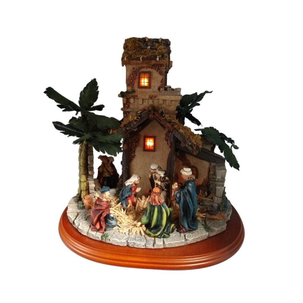 Nativity Scene W/Hand-Painted Figures Palm Trees On Oval Wood Base.Heritage Hous